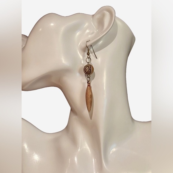 3/$15 - Carved Wood Drop Earrings with Swirl Motif - Picture 1 of 8
